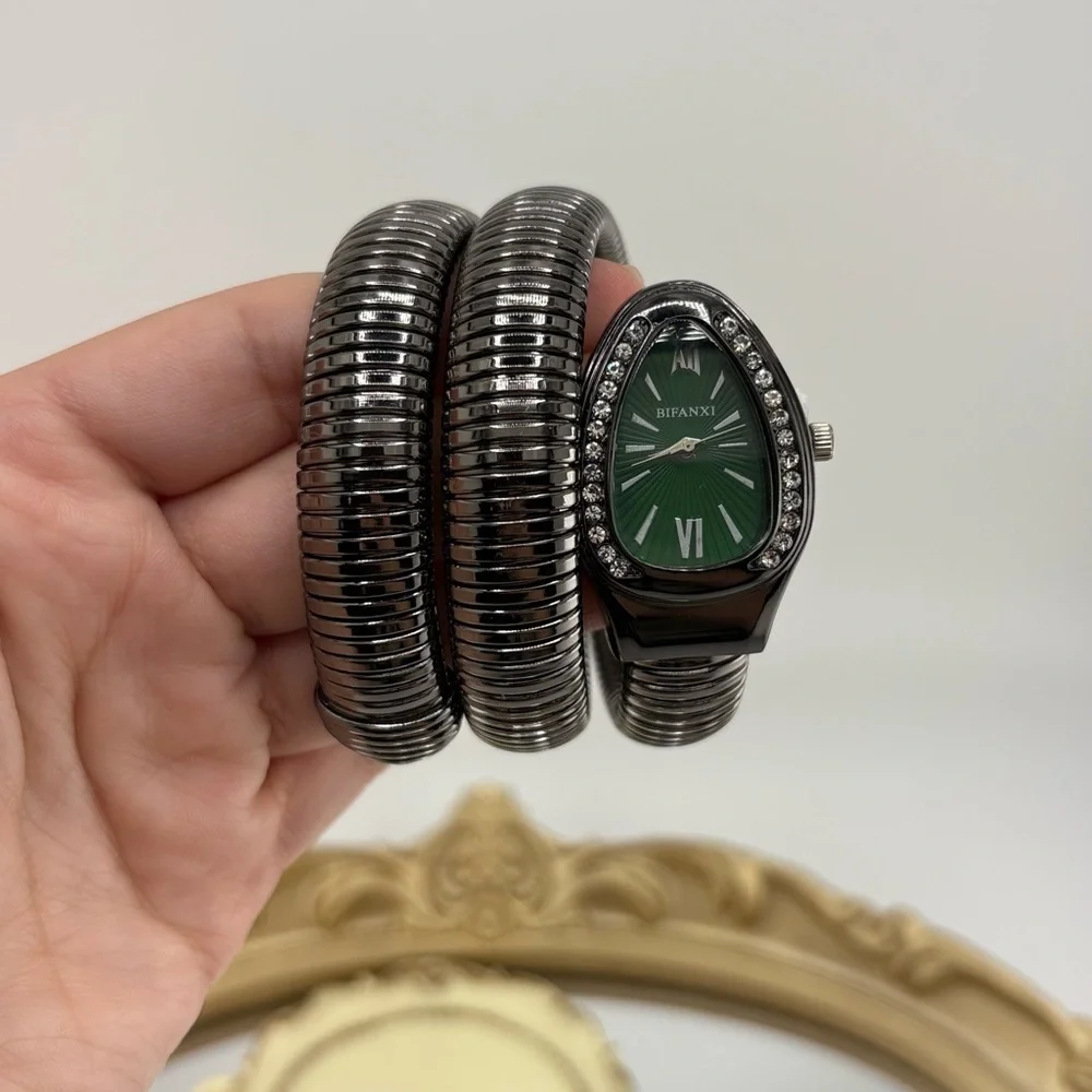 Serpenti Style Wrap Watch – Black & Silver Tone | Green Dial